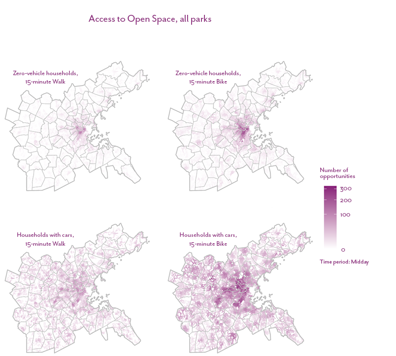 Figure 31 is a map that shows the number of outdoor recreation opportunities accessible within a 15-minute bicycle or walk trip for zero-vehicle households and households with a vehicle in the Boston region.